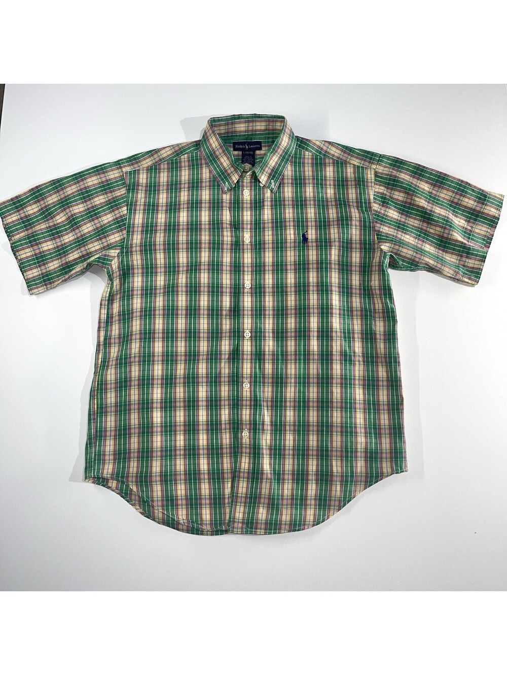 Polo Ralph Lauren Shirt Boys Sz L (16/18) Green Purple Plaid Short Sleeve Preppy